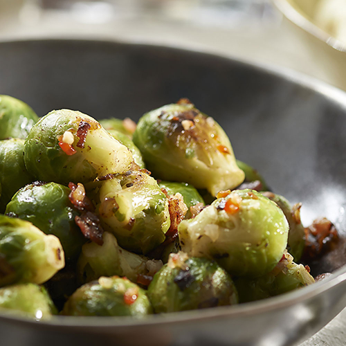 PAN ROASTED BRUSSELS SPROUTS & BACON